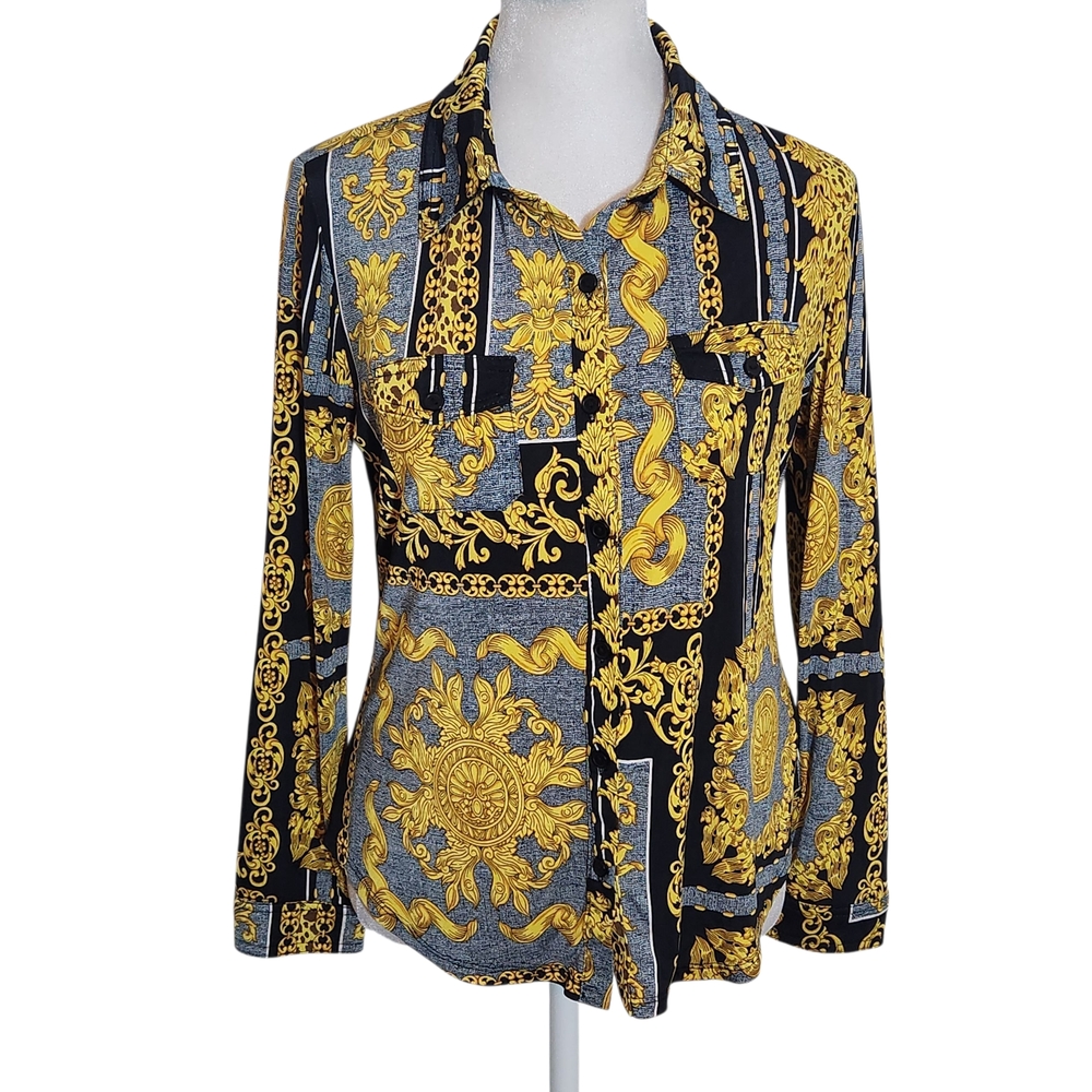 Fashion Nova Black and Gold Chain Print Top NWT Size Large Gold Chain Blouse